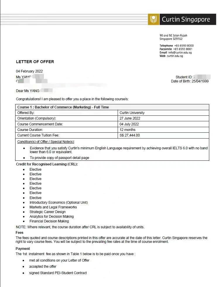 恭喜杨同学成功拿到科廷大学新加坡分校市场营销offer