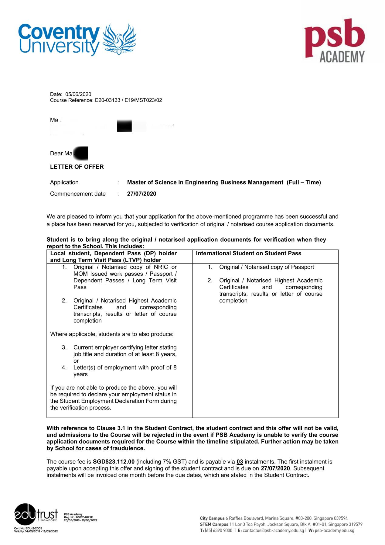 恭喜张同学成功拿到新加坡psb学院酒店管理offer